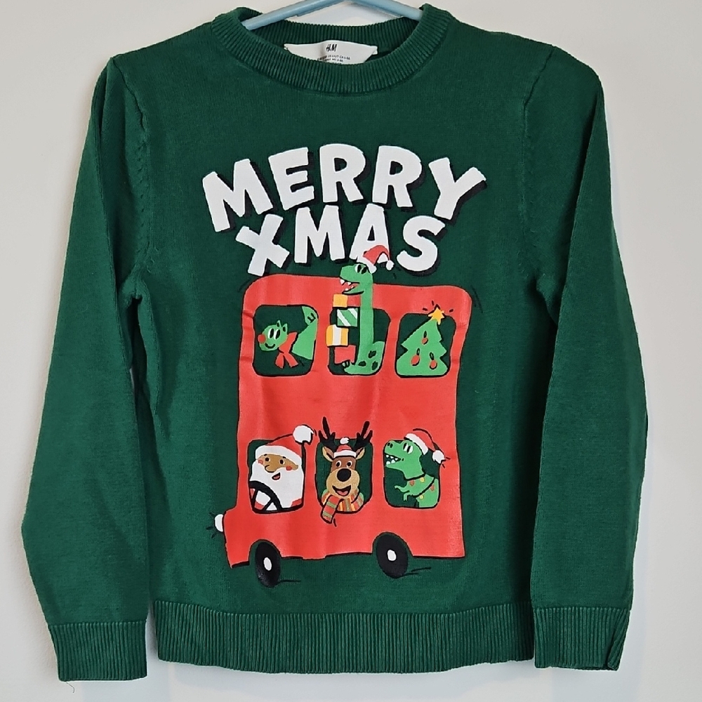 H&M Festive Green Merry Xmas Kids Sweater Size 6x/7